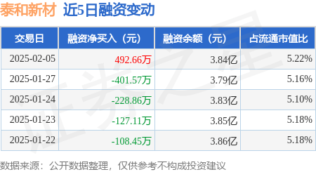 泰和新材：2月5日融资买入1087.28万元，融资融券余额3.87亿元