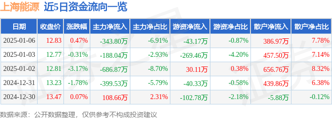 股票行情快报：上海能源（600508）1月6日主力资金净卖出343.80万元