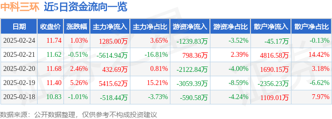 股票行情快报：中科三环（000970）2月24日主力资金净买入1285.00万元