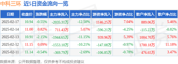 股票行情快报：中科三环（000970）2月17日主力资金净卖出2035.31万元