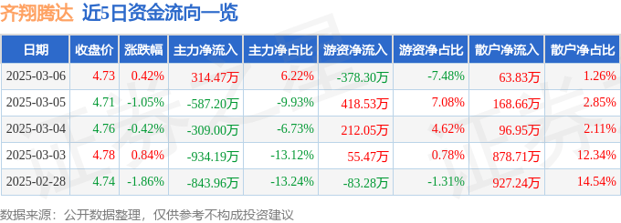 股票行情快报：齐翔腾达（002408）3月6日主力资金净买入314.47万元