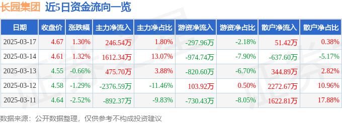 股票行情快报：长园集团（600525）3月17日主力资金净买入246.54万元
