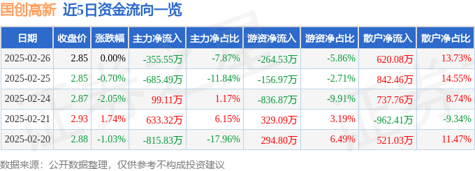 股票行情快报：国创高新（002377）2月26日主力资金净卖出355.55万元