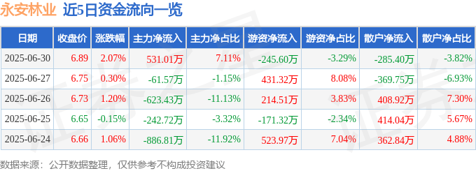 股票行情快报：永安林业（000663）6月30日主力资金净买入531.01万元
