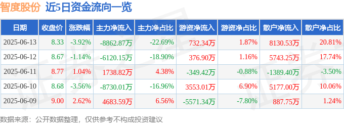 股票行情快报：智度股份（000676）6月13日主力资金净卖出8862.87万元