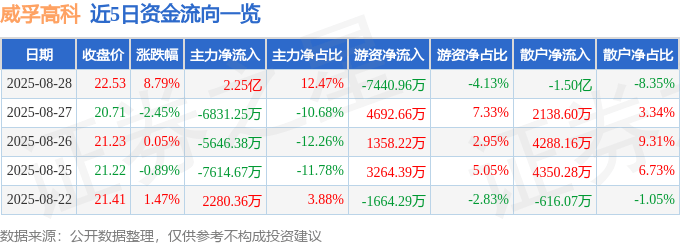 威孚高科（000581）8月28日主力资金净买入2.25亿元
