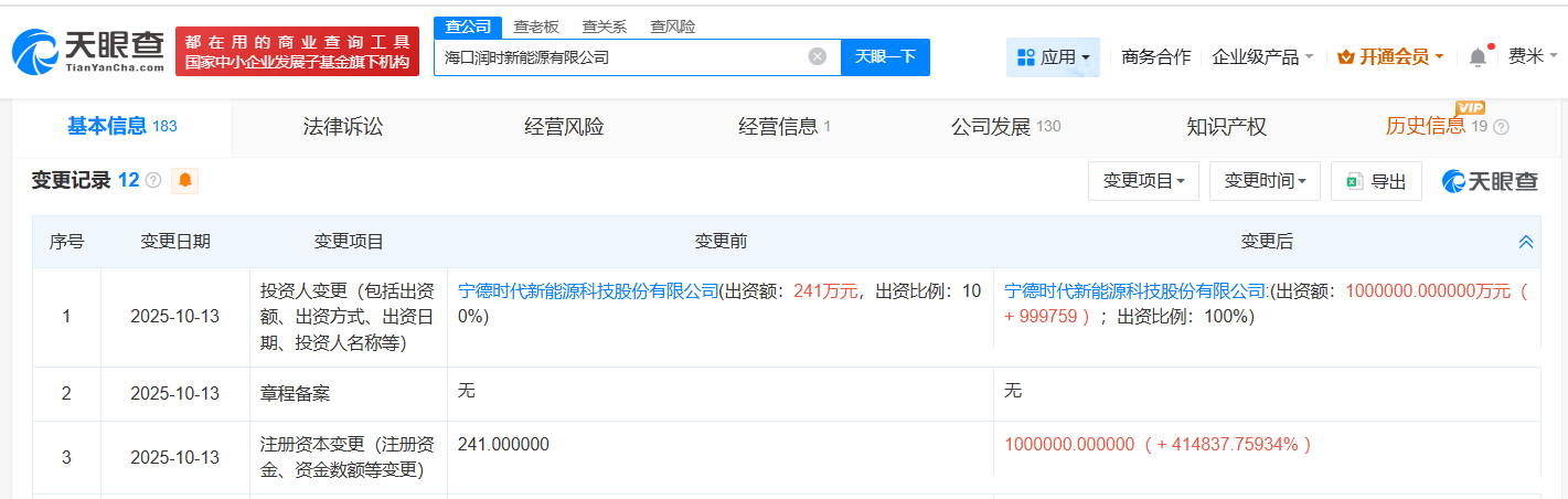 宁德时代旗下海口润时新能源公司增资至100亿